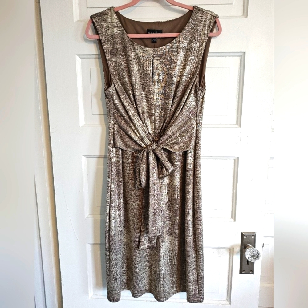Metallic Gold Foil Knit Dress with Bow Detail